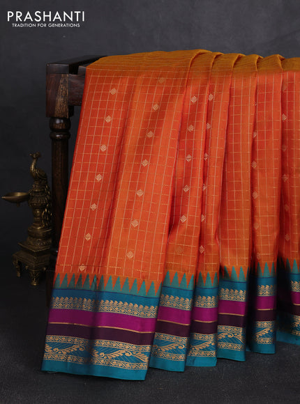 Pure gadwal silk saree sunset orange and peacock green with allover checks & zari woven buttas and temple design zari woven border