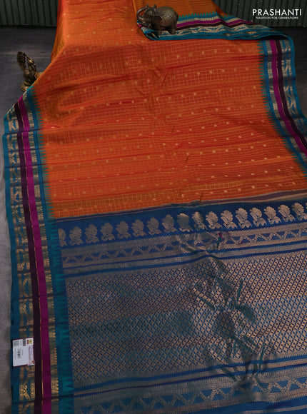 Pure gadwal silk saree sunset orange and peacock green with allover checks & zari woven buttas and temple design zari woven border