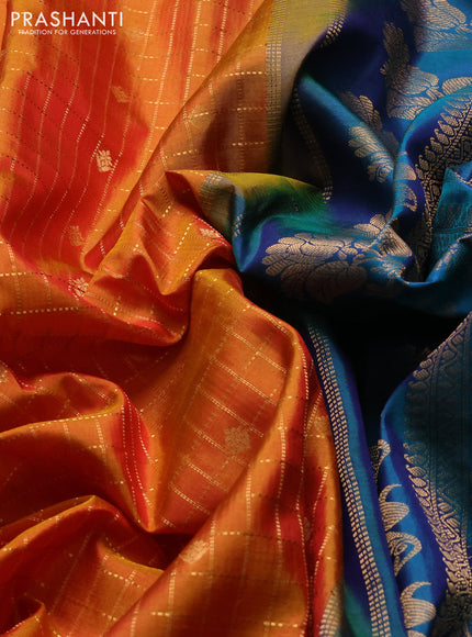 Pure gadwal silk saree sunset orange and peacock green with allover checks & zari woven buttas and temple design zari woven border