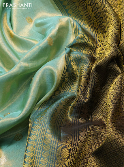Pure gadwal tissue silk saree pastel green and black with silver & gold zari woven buttas and temple design zari woven border