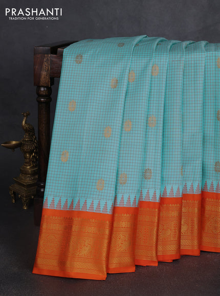 Pure gadwal silk saree teal blue and orange with allover checks & zari woven buttas and temple design zari woven border