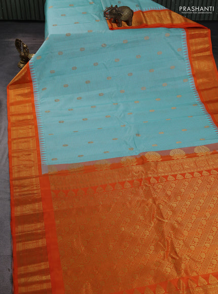 Pure gadwal silk saree teal blue and orange with allover checks & zari woven buttas and temple design zari woven border