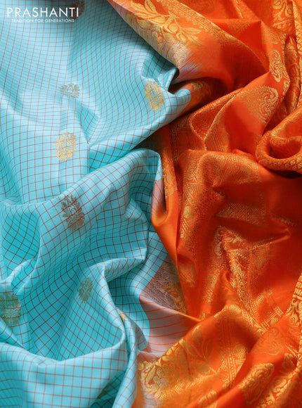 Pure gadwal silk saree teal blue and orange with allover checks & zari woven buttas and temple design zari woven border