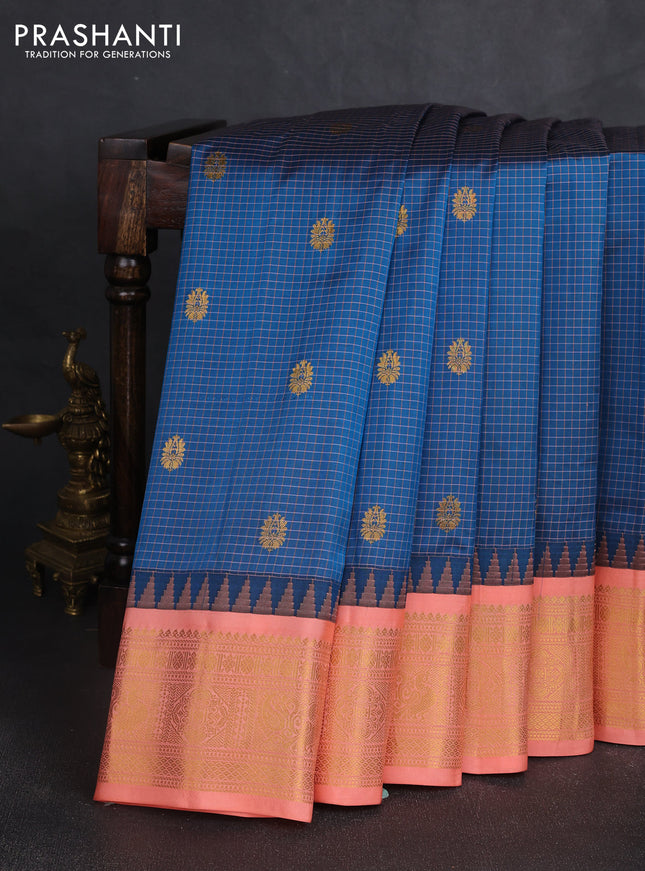 Pure gadwal silk saree peacock blue and peach orange with allover checked pattern & zari buttas and temple design zari woven border