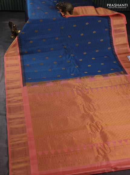 Pure gadwal silk saree peacock blue and peach orange with allover checked pattern & zari buttas and temple design zari woven border