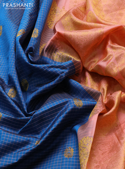 Pure gadwal silk saree peacock blue and peach orange with allover checked pattern & zari buttas and temple design zari woven border