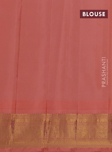 Pure gadwal silk saree peacock blue and peach orange with allover checked pattern & zari buttas and temple design zari woven border