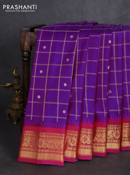 Pure gadwal silk saree purple and pink with allover zari checks & zari woven buttas and temple design zari woven border