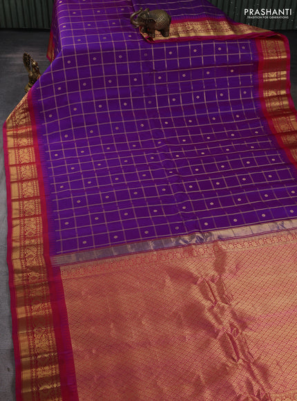 Pure gadwal silk saree purple and pink with allover zari checks & zari woven buttas and temple design zari woven border