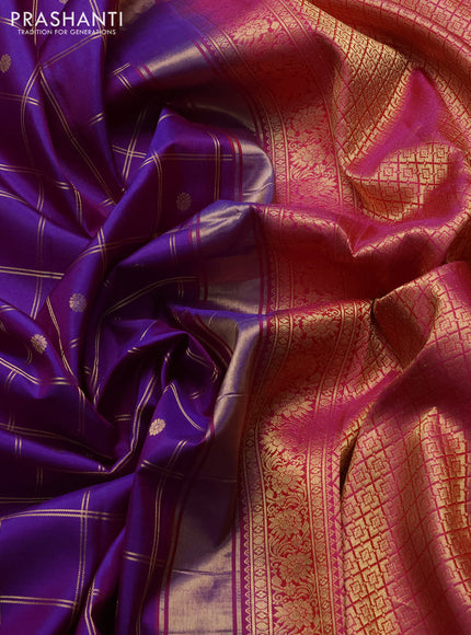 Pure gadwal silk saree purple and pink with allover zari checks & zari woven buttas and temple design zari woven border