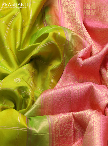 Pure gadwal silk saree lime green and peach pink with allover zari checks & zari woven buttas and temple design zari woven border