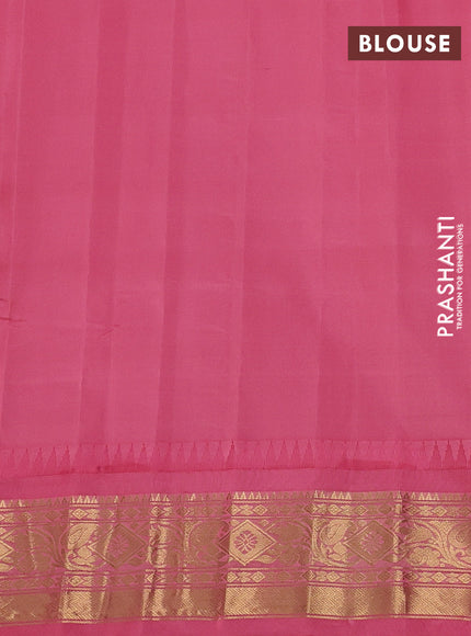 Pure gadwal silk saree lime green and peach pink with allover zari checks & zari woven buttas and temple design zari woven border