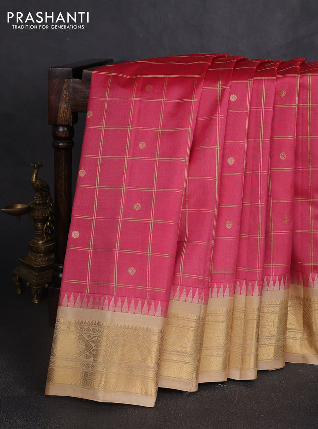 Pure gadwal silk saree pink and sandal with allover zari checks & buttas and temple design zari woven border