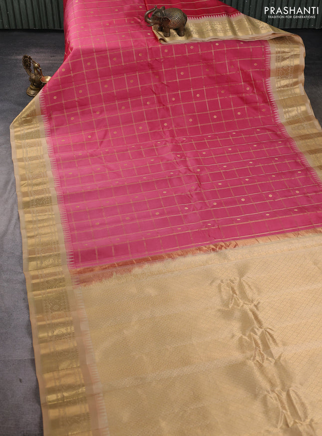 Pure gadwal silk saree pink and sandal with allover zari checks & buttas and temple design zari woven border