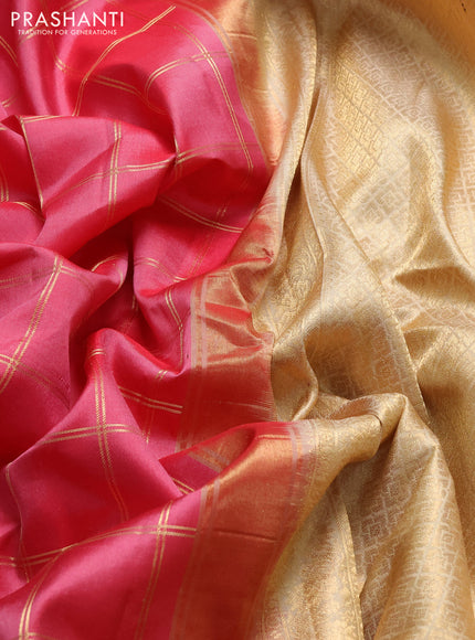 Pure gadwal silk saree pink and sandal with allover zari checks & buttas and temple design zari woven border