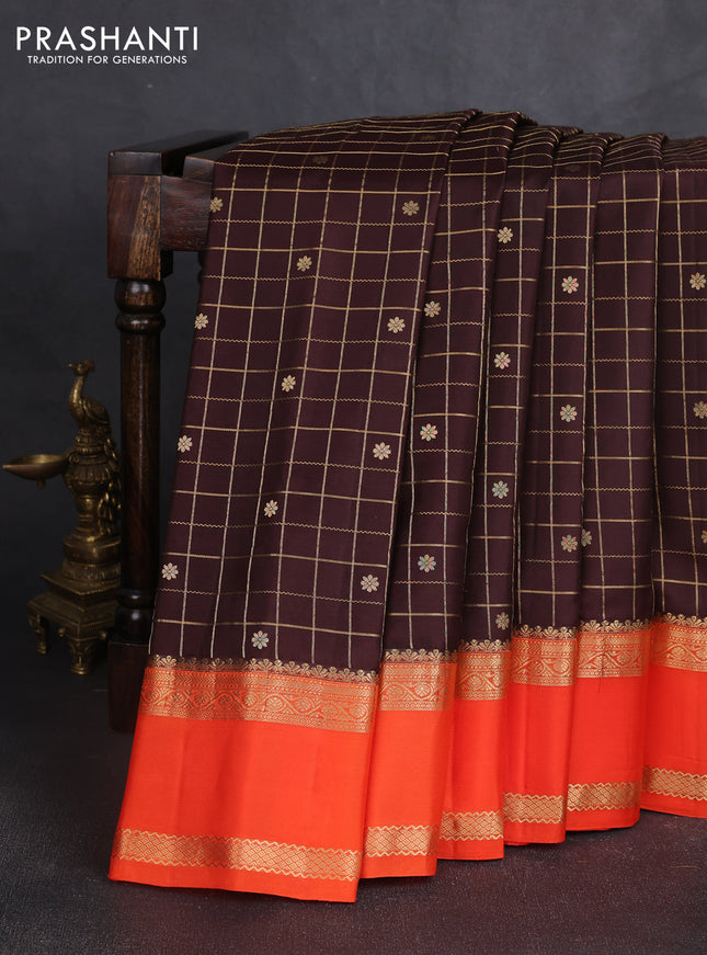 Pure gadwal silk saree coffee brown and orange with allover zari checks & buttas and rettapet zari woven border
