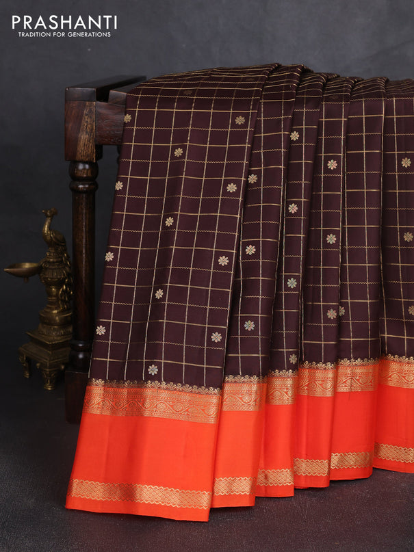 Pure gadwal silk saree coffee brown and orange with allover zari checks & buttas and rettapet zari woven border