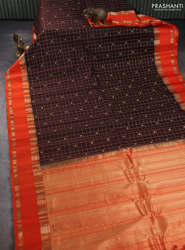 Pure gadwal silk saree coffee brown and orange with allover zari checks & buttas and rettapet zari woven border