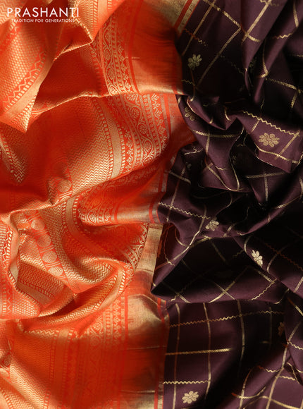 Pure gadwal silk saree coffee brown and orange with allover zari checks & buttas and rettapet zari woven border