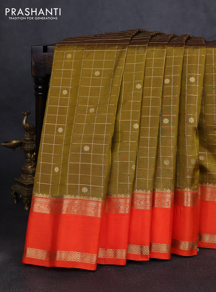 Pure gadwal silk saree mehendi green and orange with allover zari checks & buttas and rettapet zari woven border