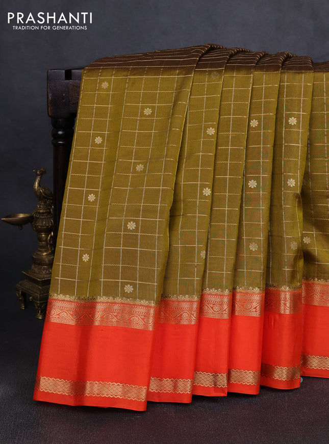 Pure gadwal silk saree mehendi green and orange with allover zari checks & buttas and rettapet zari woven border