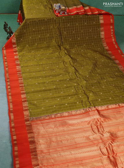 Pure gadwal silk saree mehendi green and orange with allover zari checks & buttas and rettapet zari woven border