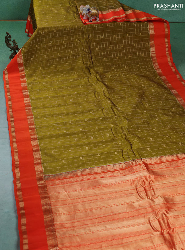 Pure gadwal silk saree mehendi green and orange with allover zari checks & buttas and rettapet zari woven border