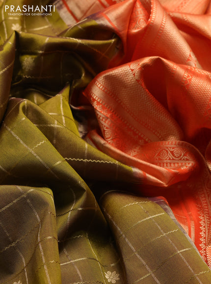 Pure gadwal silk saree mehendi green and orange with allover zari checks & buttas and rettapet zari woven border