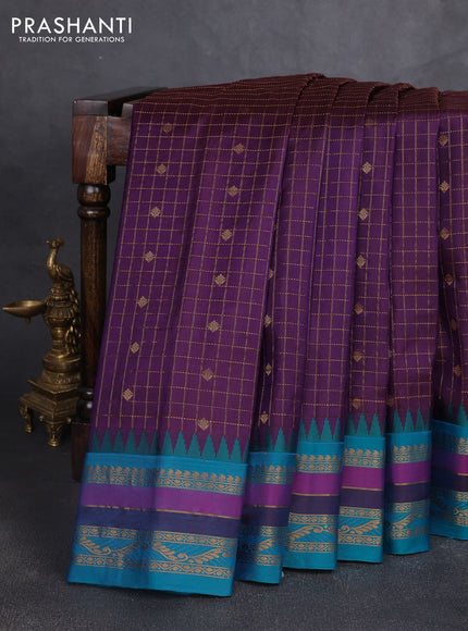 Pure gadwal silk saree wine shade and teal blue with allover zari checks & buttas and temple design zari woven border