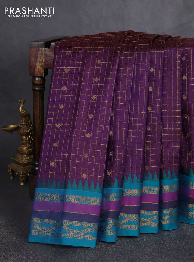 Pure gadwal silk saree wine shade and teal blue with allover zari checks & buttas and temple design zari woven border