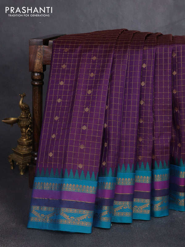 Pure gadwal silk saree wine shade and teal blue with allover zari checks & buttas and temple design zari woven border