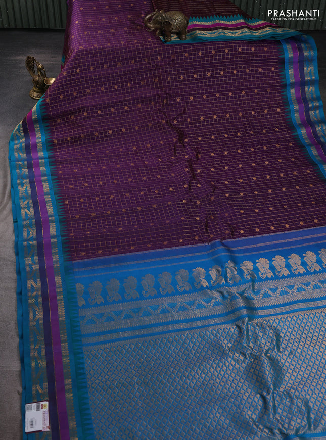 Pure gadwal silk saree wine shade and teal blue with allover zari checks & buttas and temple design zari woven border