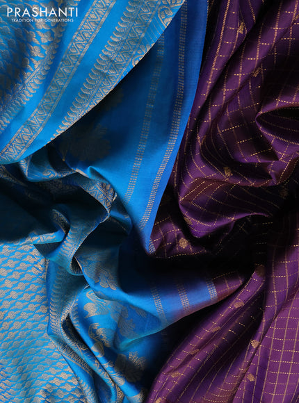 Pure gadwal silk saree wine shade and teal blue with allover zari checks & buttas and temple design zari woven border