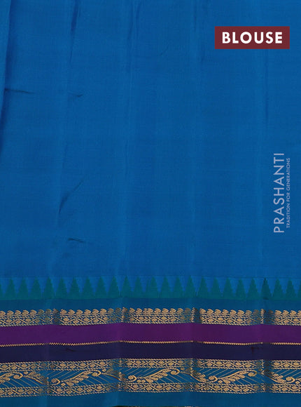 Pure gadwal silk saree wine shade and teal blue with allover zari checks & buttas and temple design zari woven border