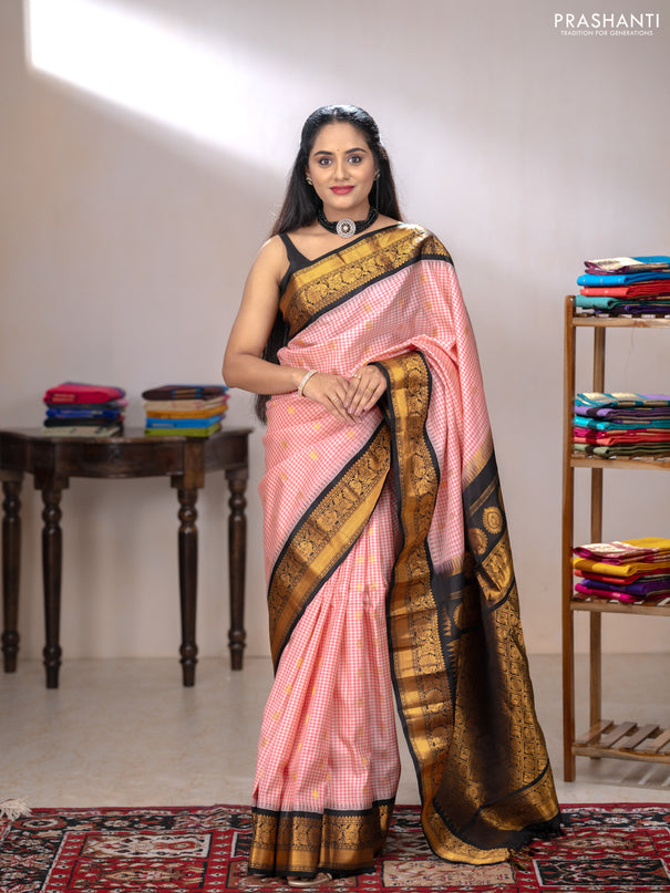 Pure gadwal silk saree pink and black with allover checked pattern & zari woven buttas and temple design annam zari woven border
