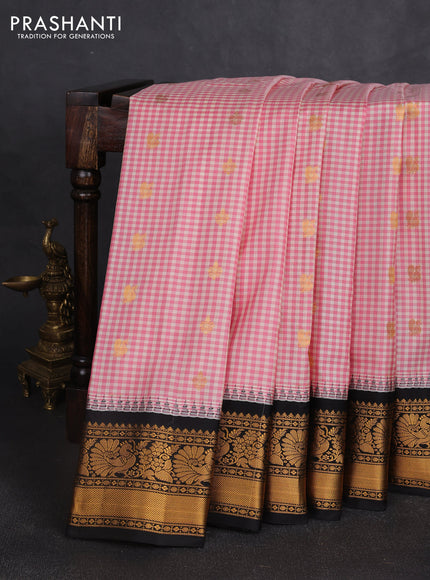 Pure gadwal silk saree pink and black with allover checked pattern & zari woven buttas and temple design annam zari woven border