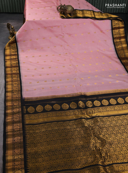 Pure gadwal silk saree pink and black with allover checked pattern & zari woven buttas and temple design annam zari woven border