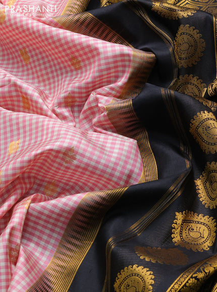 Pure gadwal silk saree pink and black with allover checked pattern & zari woven buttas and temple design annam zari woven border