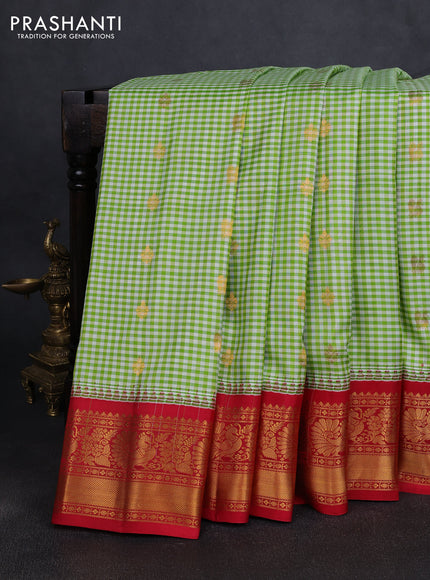 Pure gadwal silk saree off white light green and red with allover checked pattern & zari woven buttas and temple design annam zari woven border
