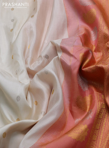 Pure gadwal silk saree cream and peach shade with silver & gold zari woven buttas and temple design rettapet zari woven border