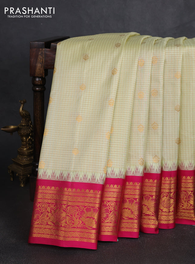 Pure gadwal silk saree cream and pink with allover zari checks & buttas and temple design zari woven border