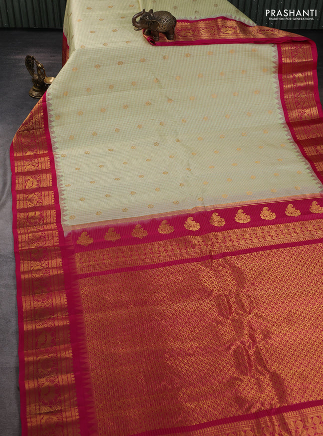 Pure gadwal silk saree cream and pink with allover zari checks & buttas and temple design zari woven border