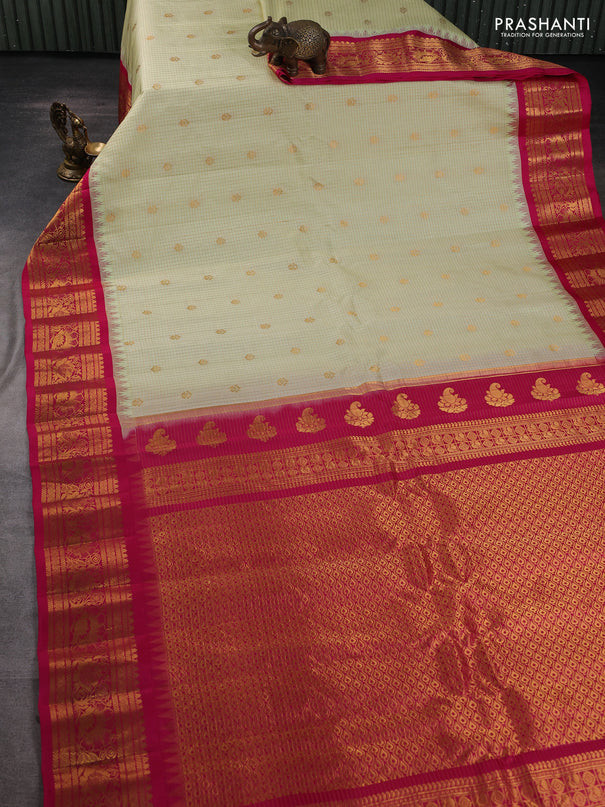 Pure gadwal silk saree cream and pink with allover zari checks & buttas and temple design zari woven border