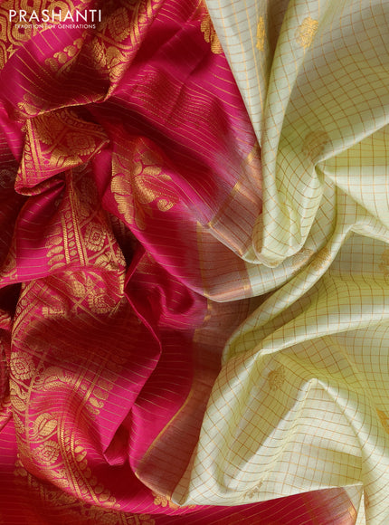 Pure gadwal silk saree cream and pink with allover zari checks & buttas and temple design zari woven border