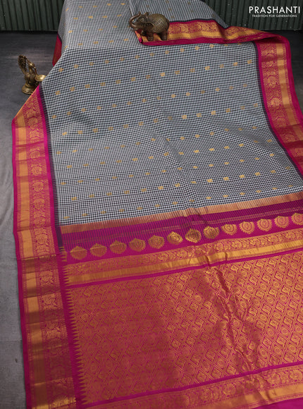 Pure gadwal silk saree off white bottle green and pink with allover checked pattern & zari woven buttas and temple design annam zari woven border