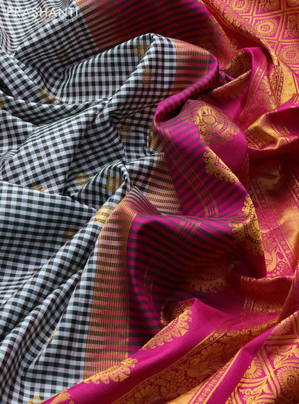 Pure gadwal silk saree off white bottle green and pink with allover checked pattern & zari woven buttas and temple design annam zari woven border