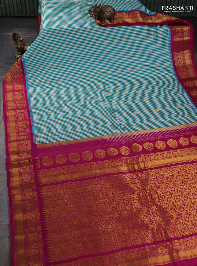 Pure gadwal silk saree off white teal blue and magenta pink with allover checked pattern & zari woven buttas and temple design annam zari woven border