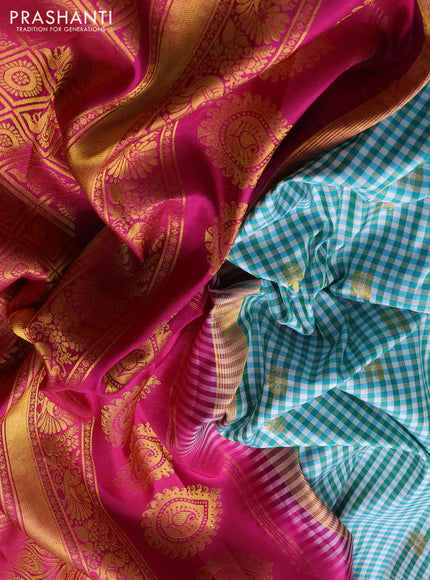 Pure gadwal silk saree off white teal blue and magenta pink with allover checked pattern & zari woven buttas and temple design annam zari woven border