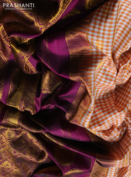 Pure gadwal silk saree off white orange and purple with allover checked pattern & zari woven buttas and temple design annam zari woven border