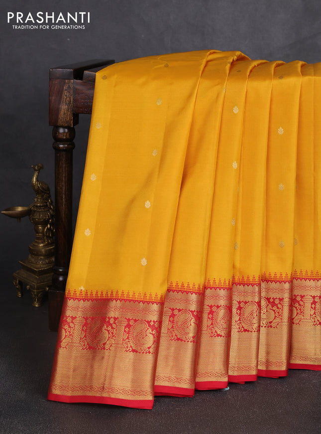 Pure gadwal silk saree yellow and red with zari woven buttas and temple design zari woven border
